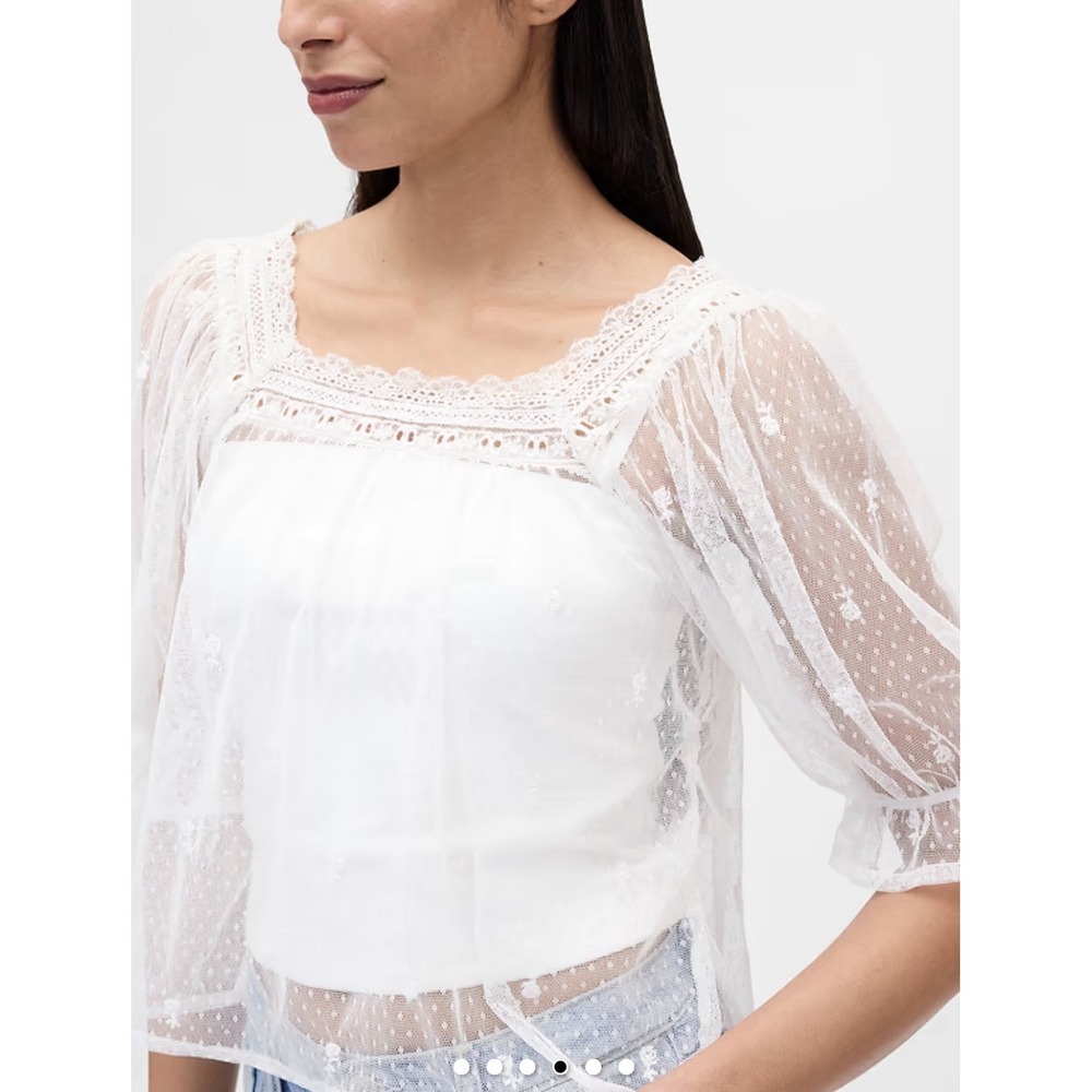 Gap Sheer Tulle Embroidered Top White Lace Ruffle Cottagecore Coquette Boho XXS